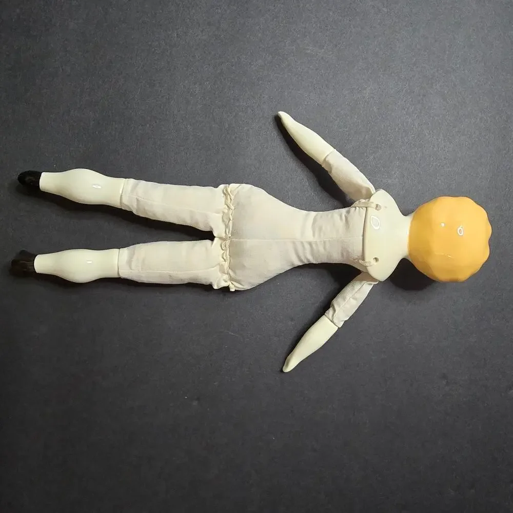 Antique German China Head Doll Lowbrow Boots porcelain arms legs Cloth Body 11